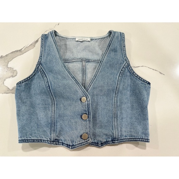 vestique Jackets & Blazers - Vestique Womens Light Wash Denim Cropped Vest V-Neck Button Front Blue Small